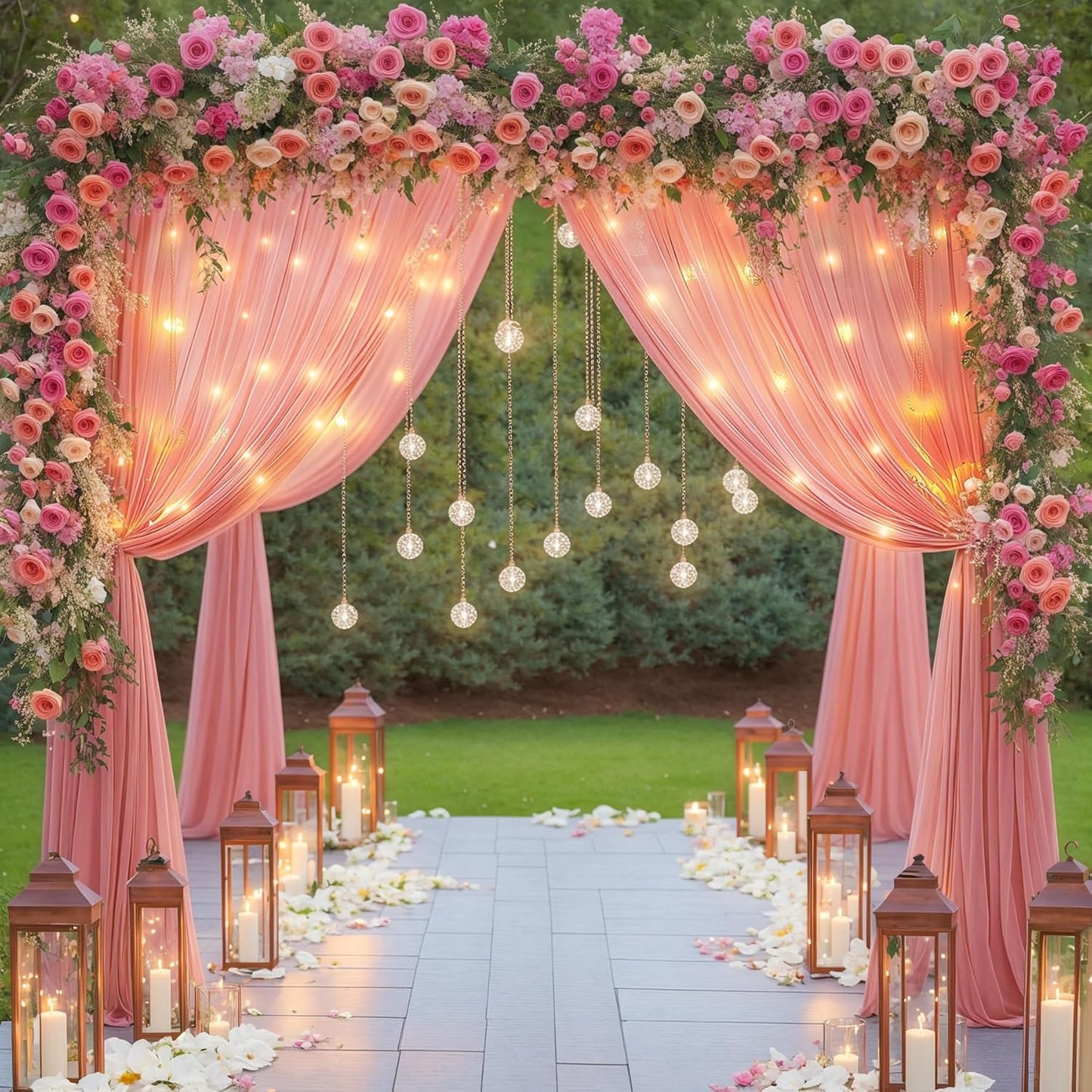 10ft x 10ft Dusty Rose Chiffon Backdrop Curtain with Lights String for Parites Wedding Wrinkle Free Curtain Photo Backdrops Drapes for Baby Shower Birthday Party Home Decorations