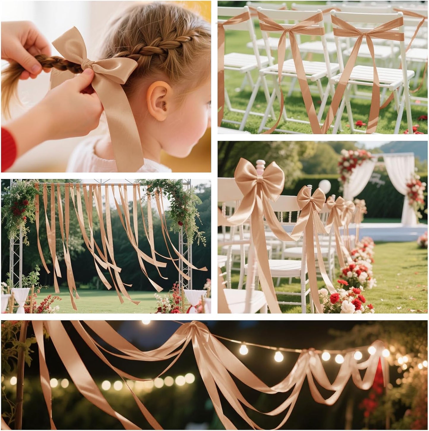 Champagne Gold Satin Ribbon 1 Inch Wide x 50 Yards, Luxury Double Faced Polyester Ribbon for Wedding Decor, Gift Wrapping, Party Crafts, DIY Bows and Holiday Projects