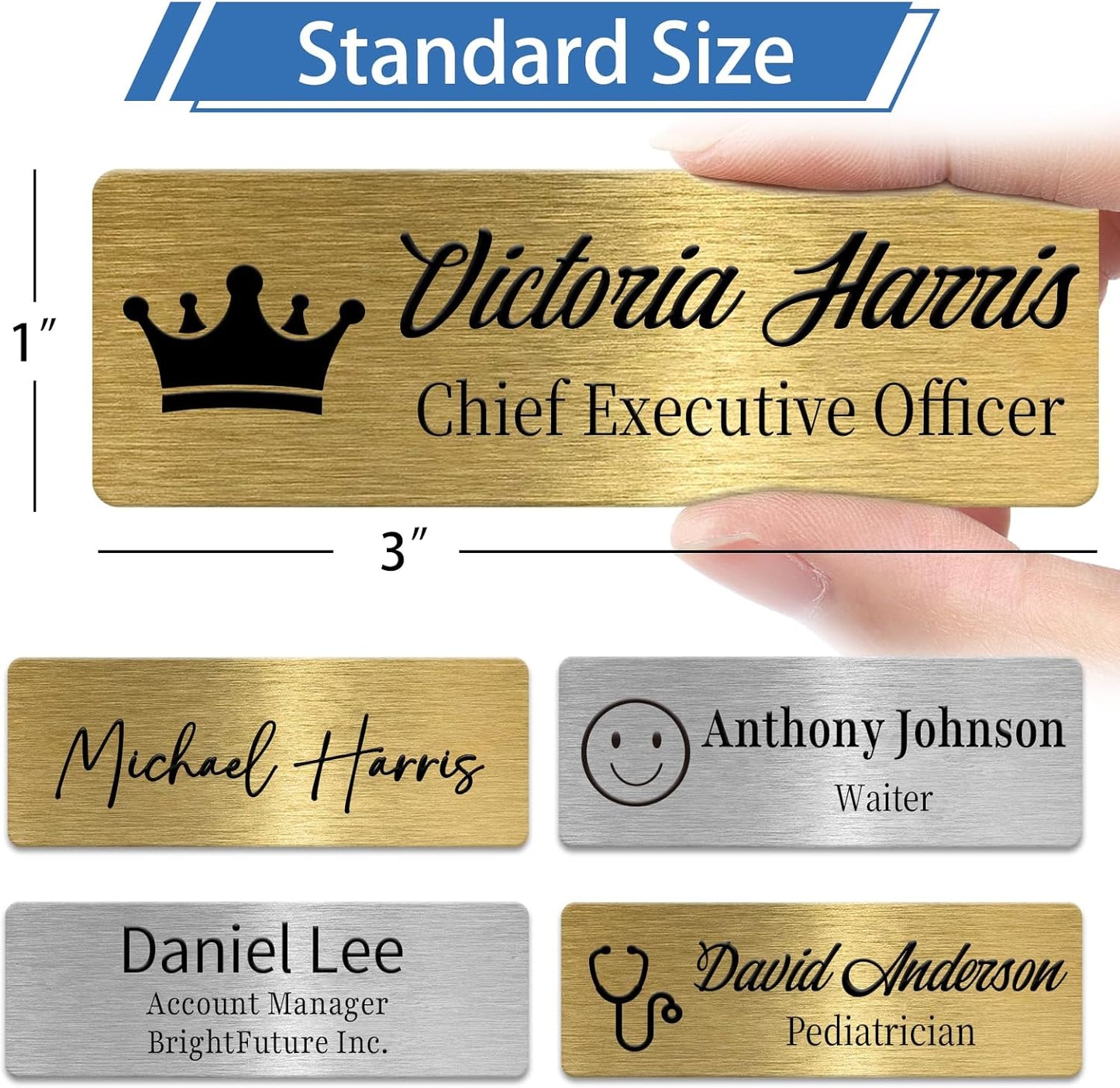 Metal Custom Name Tags – Personalized Engraved Name Badges with Pin, Magnetic or Adhesive Backing, 1×3 Inch ID Badge(Silver)