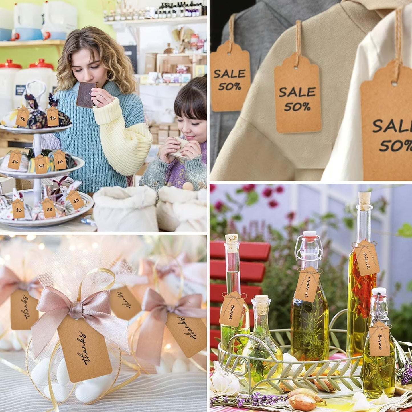 SallyFashion 200pcs Gift Tags with String Attached, 1.7 x 2.8 inch Kraft Paper Hang Handmade Tags for Clothes Birthday Wedding Holiday DIY Crafts (Brown Water Ripple