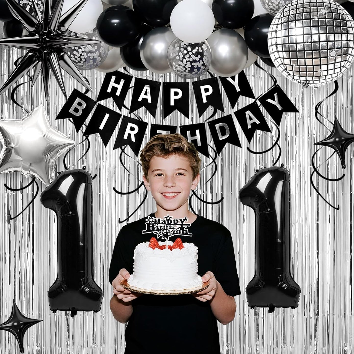 11th Birthday Decorations for Boys Girls, Black Silver Happy Birthday Party Decorations， 11 Year Old Party Supplies with Number 11 Balloons, Banner, Fringe Curtains Kit