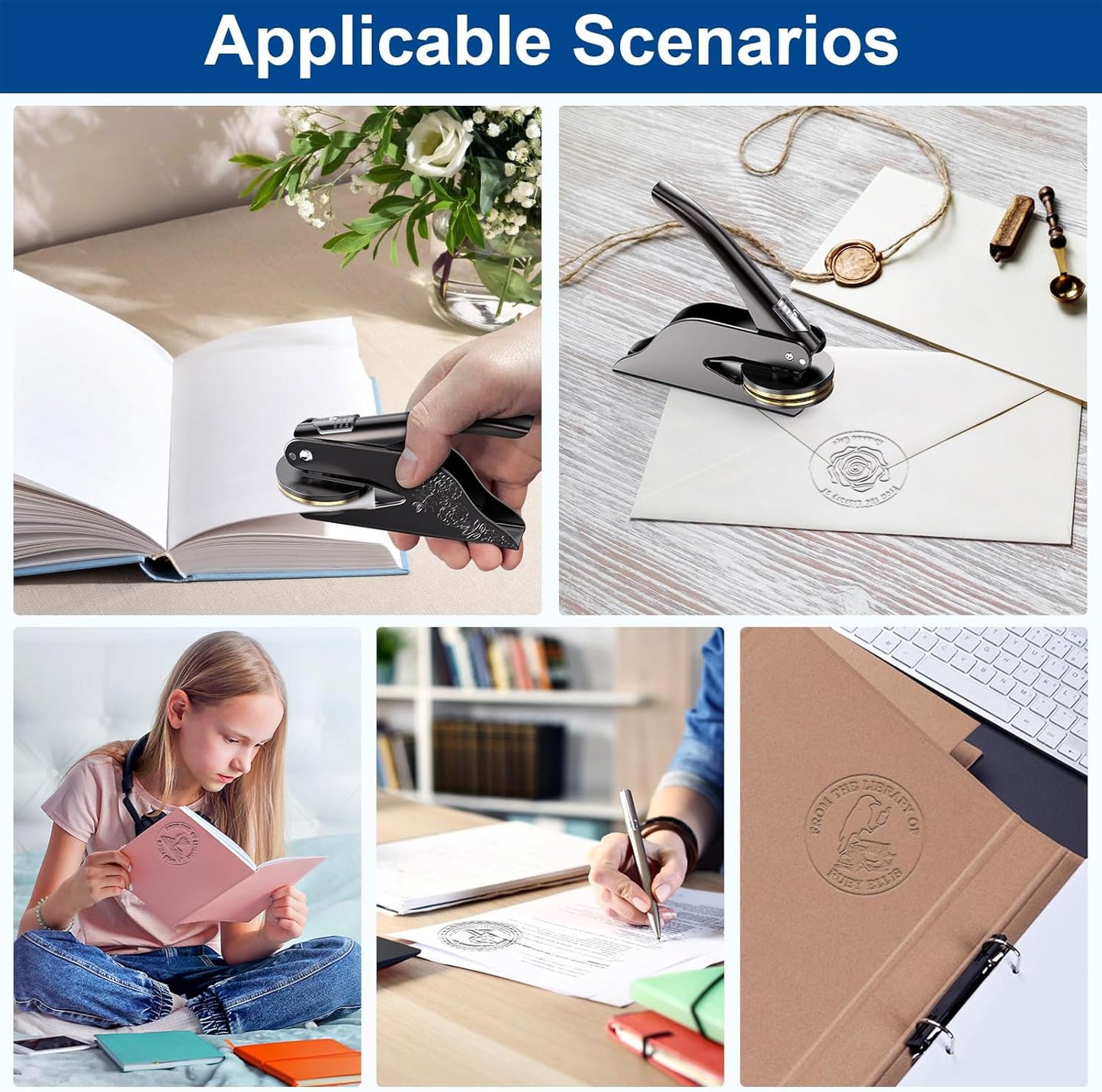 Book Embosser Personalized Custom Embosser Stamp Your Own Text or Logo Design for Books Business Cards Paper Documents Notebooks etc.