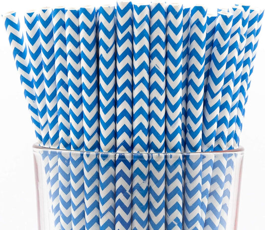 Pack of 150 Sky Blue Chevron Biodegradable 4-Ply Paper Drinking Straws (Compostable, Non-toxic, BPA-free)
