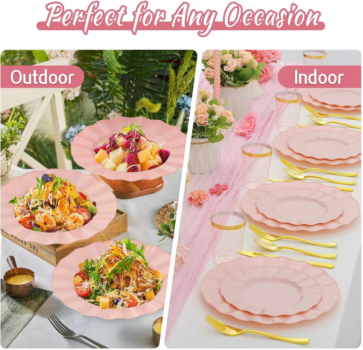 60Pcs Premium Pink Plastic Plates, Fancy Nice Disposable Plate, Elegant Wedding Plates Set include 30 10" Dinner & 30 7" Dessert Plates for Party & Wedding（30Guests