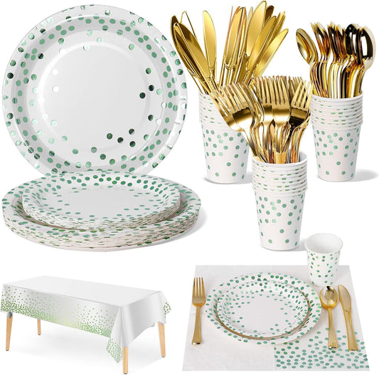 141 Pieces Green Dots Party Supplies, Party Dinnerware Sets Include Paper Plates Napkins Cups Silverware, for Wedding Bridal Shower Engagement Birthday Parties Decoration -20 Serves