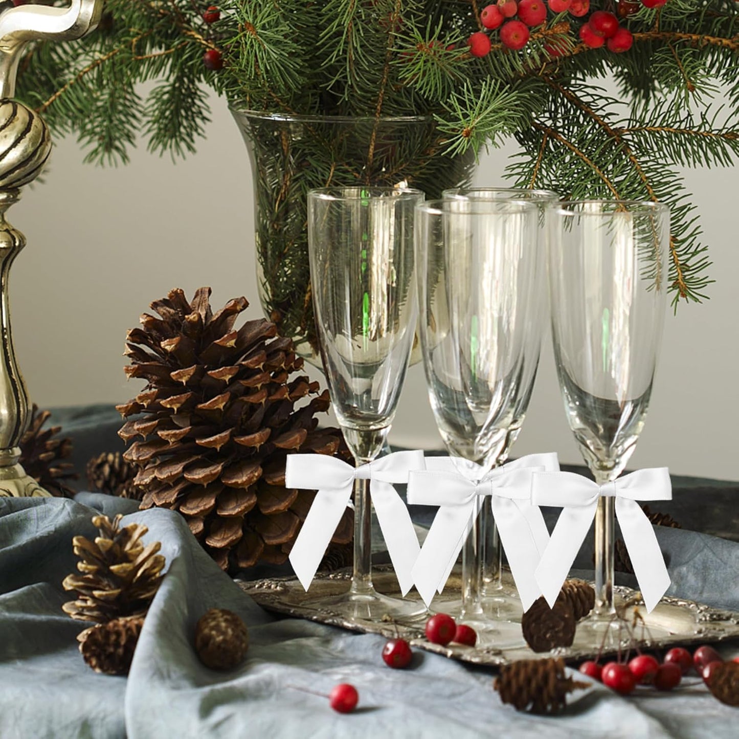 50Pcs White Twist Tie Bows for Gift Wrapping 2.5" Satin Ribbon Bow for Treat Bags Balloons Birthday Party Favors Wedding Decorations