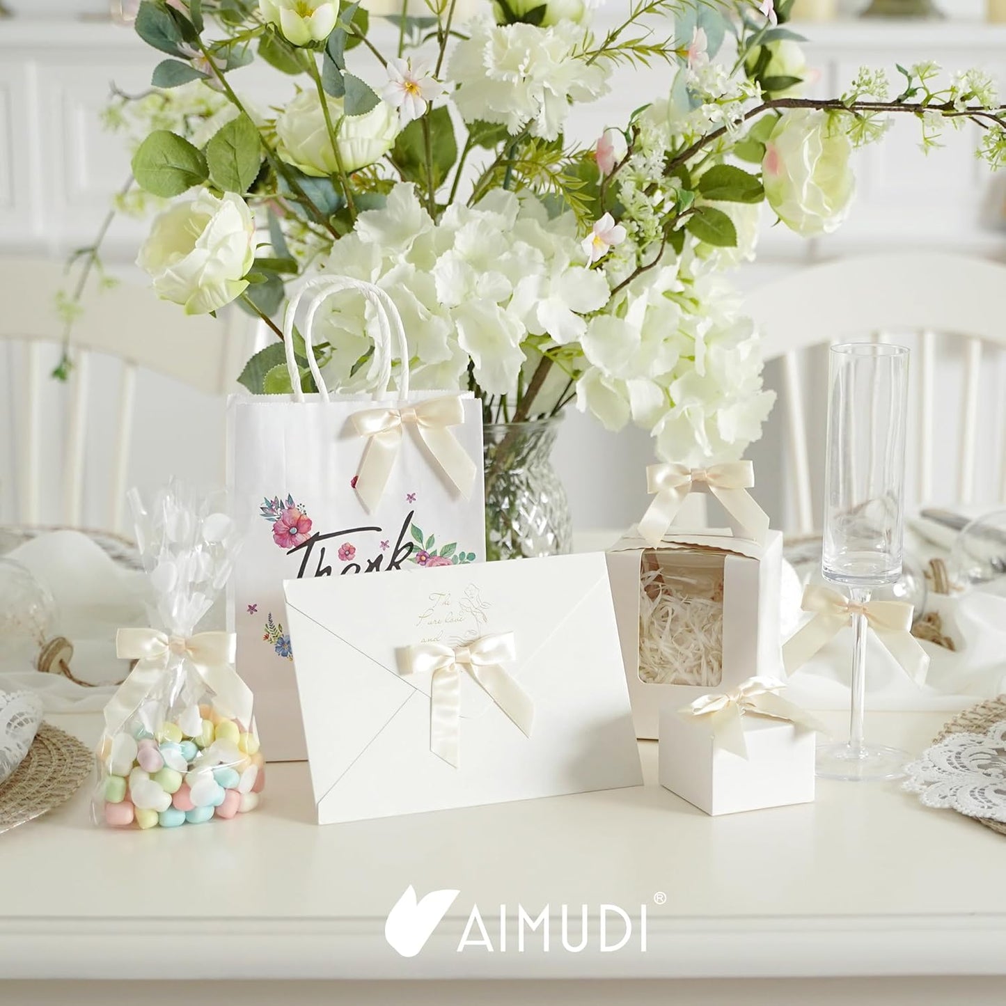 AIMUDI Ivory Bows 2.5" Pretied Satin Ribbon Bows Premade Twist Tie Bow for Treat Bags Cake Pop Bow for Wedding Favors Mini Bows for Gift Wrapping Baby Shower Decorations - 50 Counts