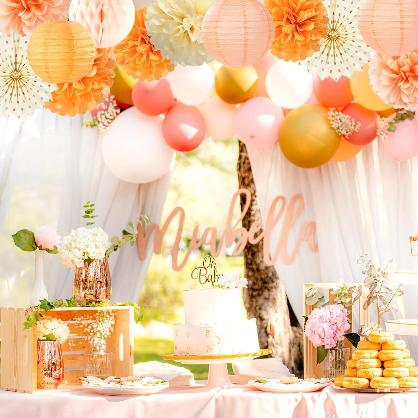 Beige-Orange Peach Fall-Boho Hanging Party-Decorations - 20pcs Autumn Friendsgiving Baby Shower Paper Lanterns Fans,Tissue Pom Poms,Honeycomb Balls,Thanksgiving Wedding Bridal Birthday Decor Burgleda