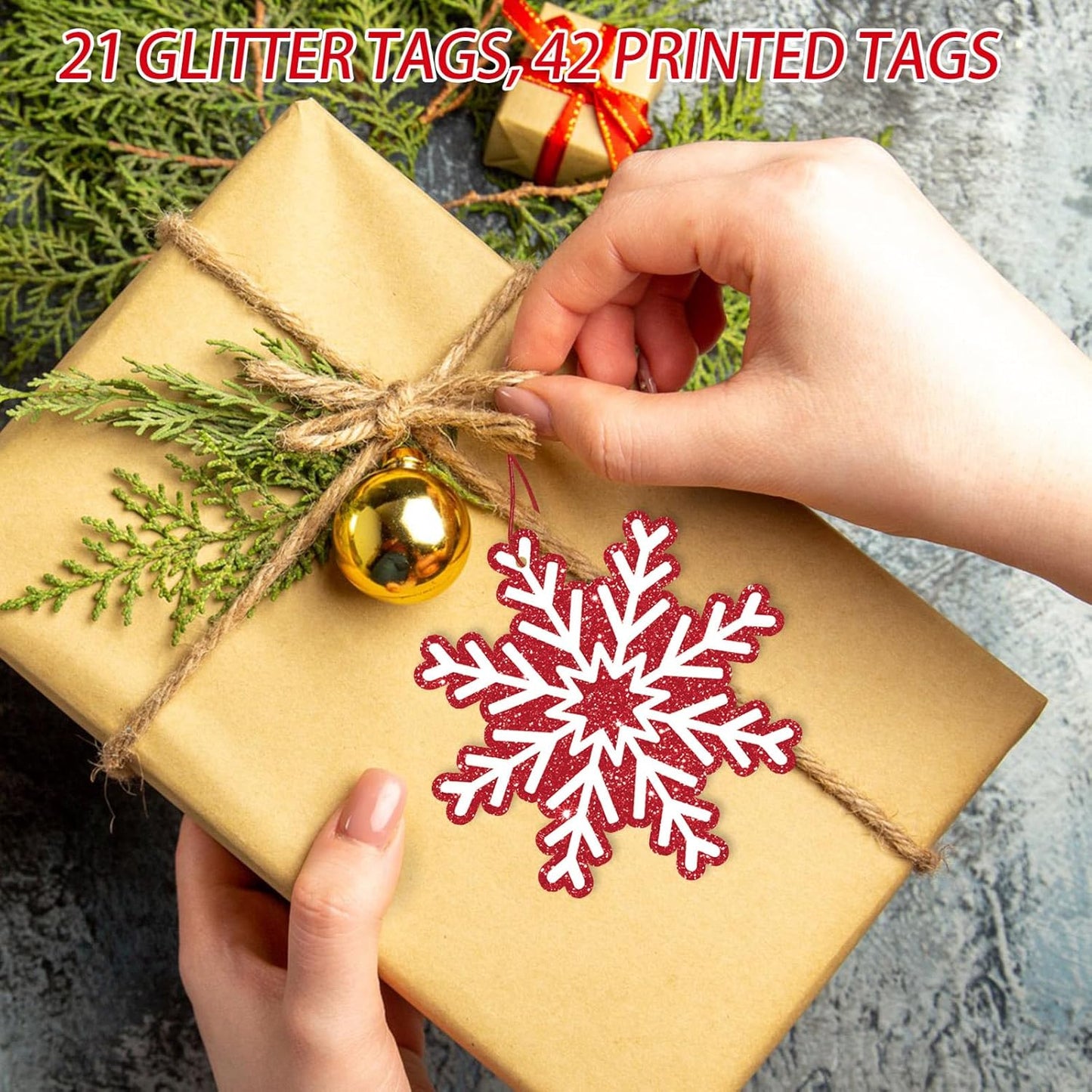 Glitter Printed Xmas Gift Labels - 63Pcs Christmas Name Tags with String and Reindeer, Santa, Snowman Gift Labels for DIY Holiday Present Wrapping