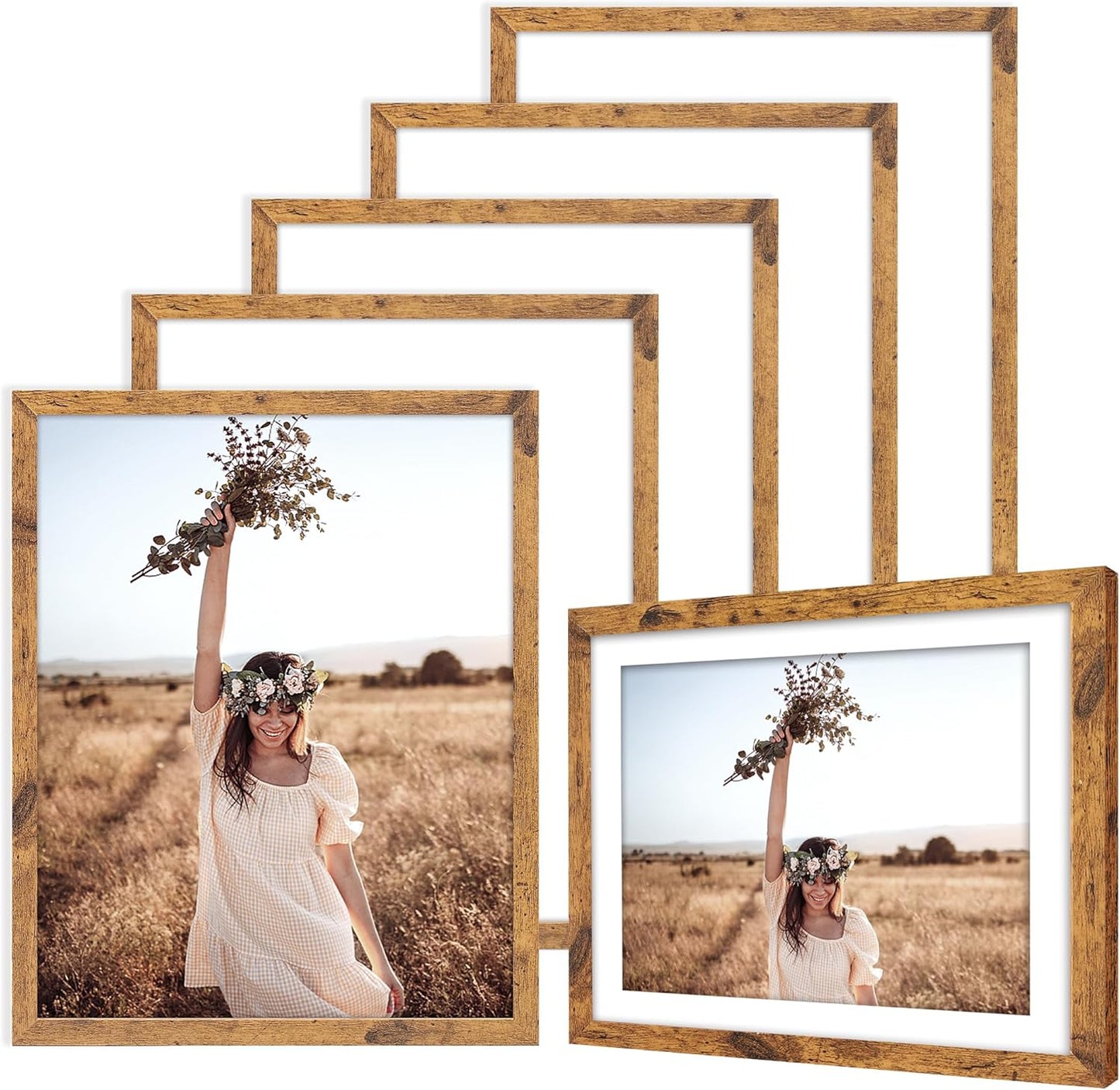 TWING 11x14 Picture Frames Set of 6,Display Photos 8x10 with Mat or 11x14 without Mat,Home Decorative Wall Gallery Picture Photo Frame Wood Brown,Walnut