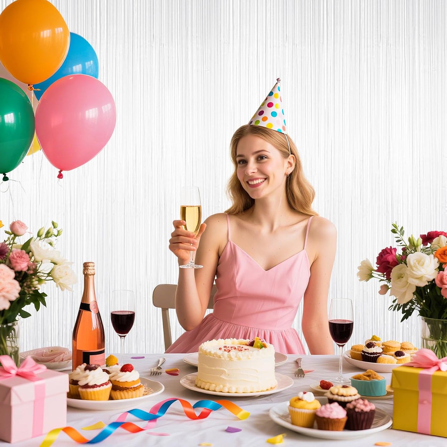 2 Pack White Tinsel Curtain Party Backdrop Decorations, Metallic Foil Fringe Curtain for Wedding Parties Door Streamers Christmas Baby Bridal Shower Birthday Bachelorette Photo Booth Party Decor