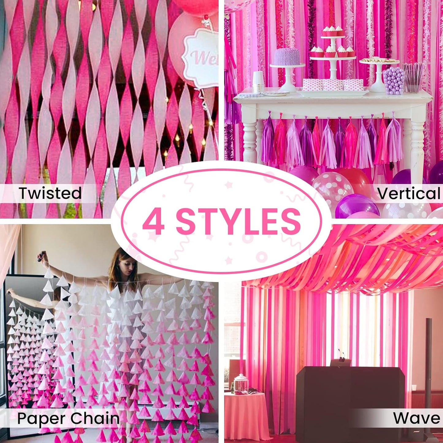 PartyWoo Pink Crepe Paper Streamers 4pcs 328ft Pack of Dark Hot Pink Magenta Fuchsia Crepe Paper Streamers for Birthday Gender Reveal Baby Shower Wedding Bachelorette Princess Party Decorations