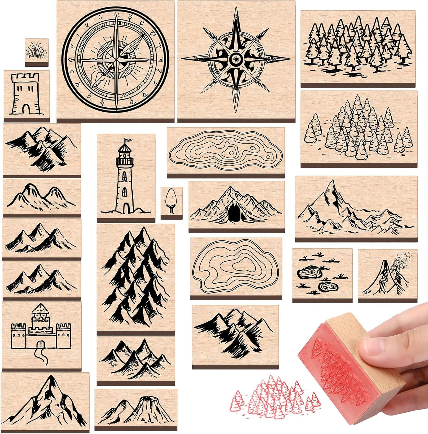 Marspark 24 Pcs Compass Mountains Stamp Combo Map Making Rubber Stamp Kit Compass Outdoor Scenery Stamps for RPG Adventures, Storytelling, and Creative Projects