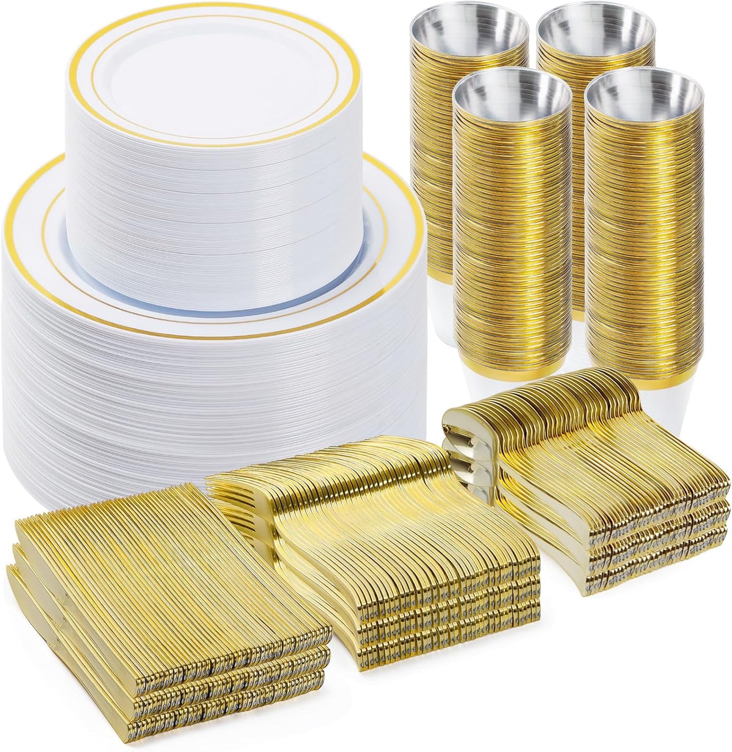 BESTVIP 600PCS Gold Dinnerware Set for 100 Guests, Plastic Plates for Party, 100 Gold Disposable Plates, 100 Dessert Plates, 100 Cups, 100 Spoons, 100 Forks and 100 Knives