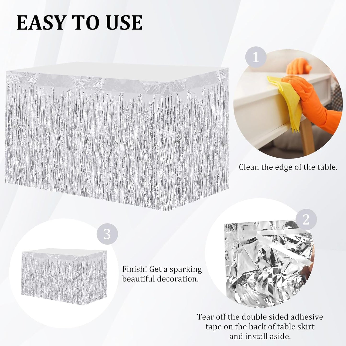 4 Pack 29.5x108 Inch Metallic Foil Fringe Tinsel Table Skirts, Streamer Garland Curtains Backdrop for Rectangle Tables Wedding Birthday Parade Floats Christmas Party Decoration(Silver)