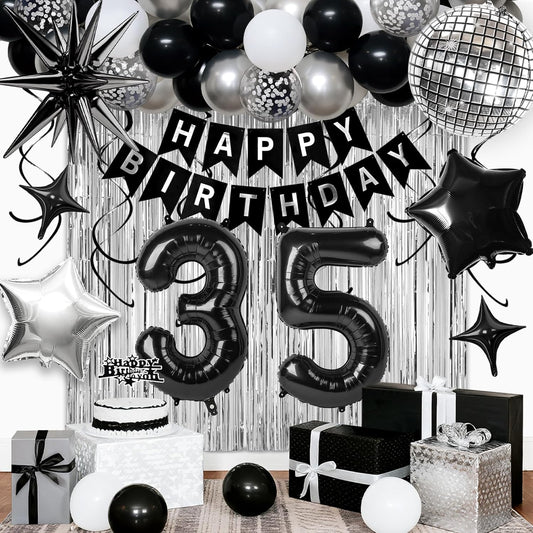 35th Birthday Decorations for Men Women, Black Silver Happy Birthday Party Decorations， 35 Year Old Party Supplies with Number 35 Balloons, Banner, Fringe Curtains Kit