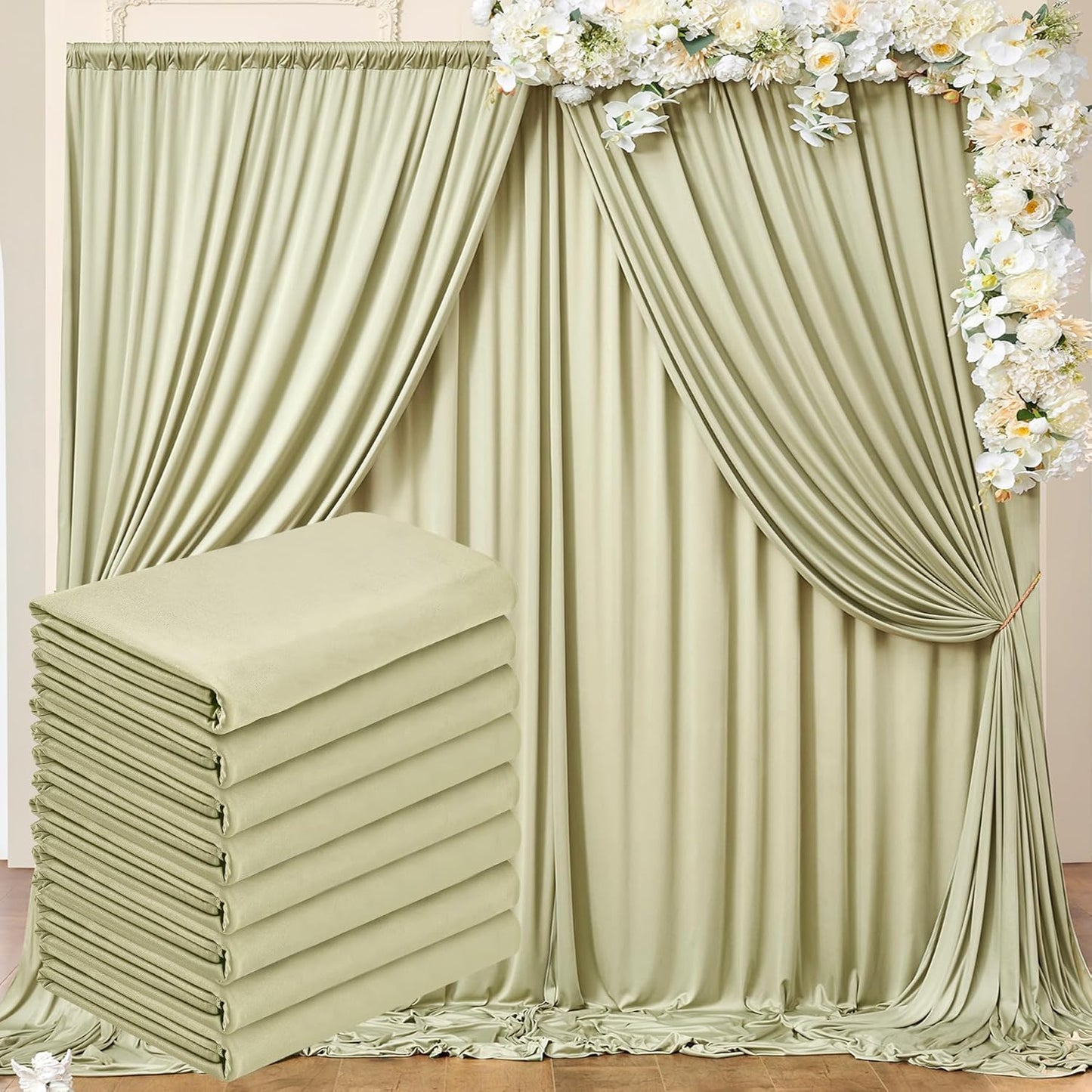 40 ft x 10 ft Wrinkle Free Sage Green Backdrop Curtain for Parties, Thick Green Polyester Photo Backdrop Drapes for Baby Shower Wedding Engagement Birthday Party Backdrop Stand,5ft x 10ft 8 Panels