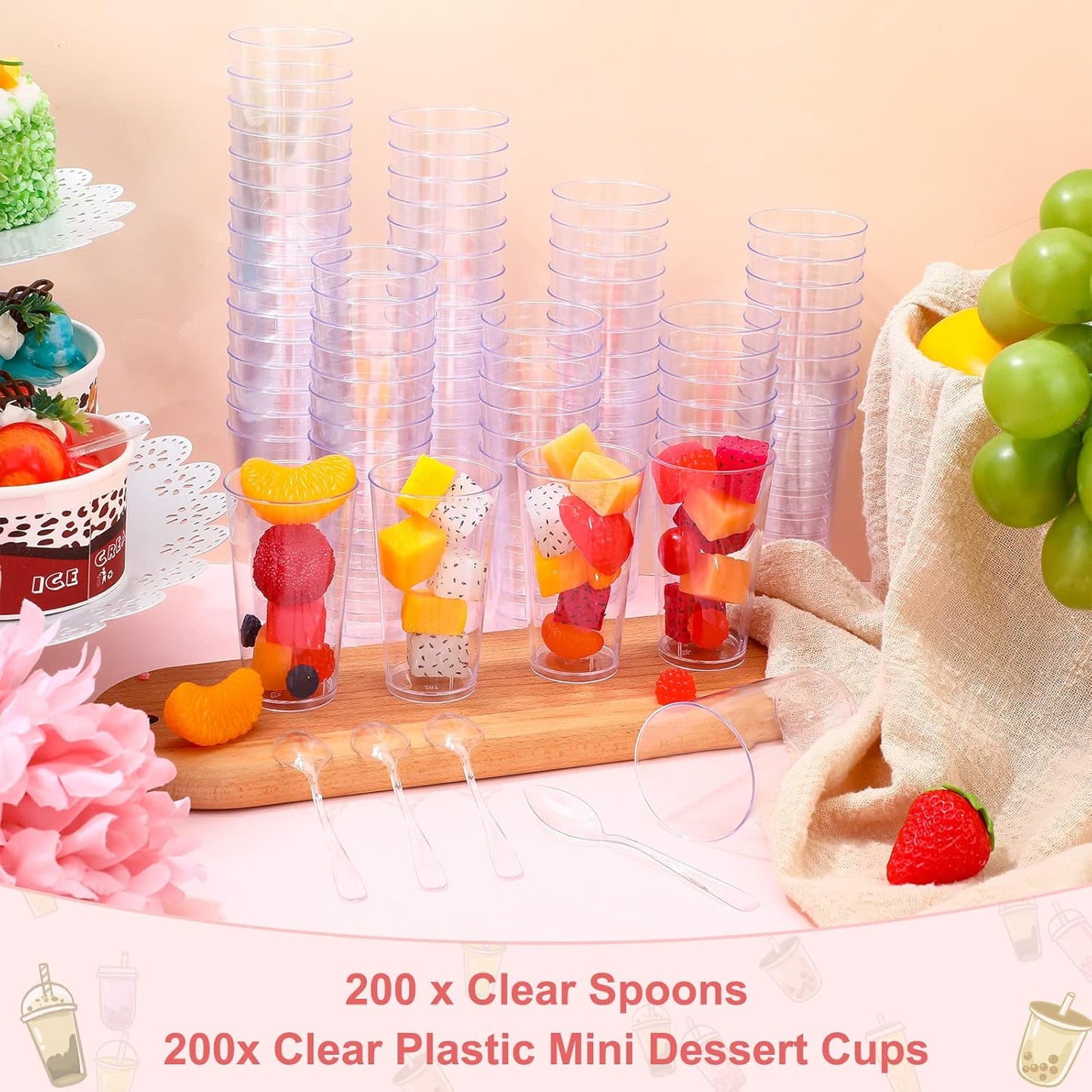 CHENGU 3 oz Clear Plastic Mini Dessert Cups with Spoons - Round Parfait Appetizer Cups, Shot Glasses, Disposable Tall Tumbler for Dessert Tasting Party supplies (200 Pieces)