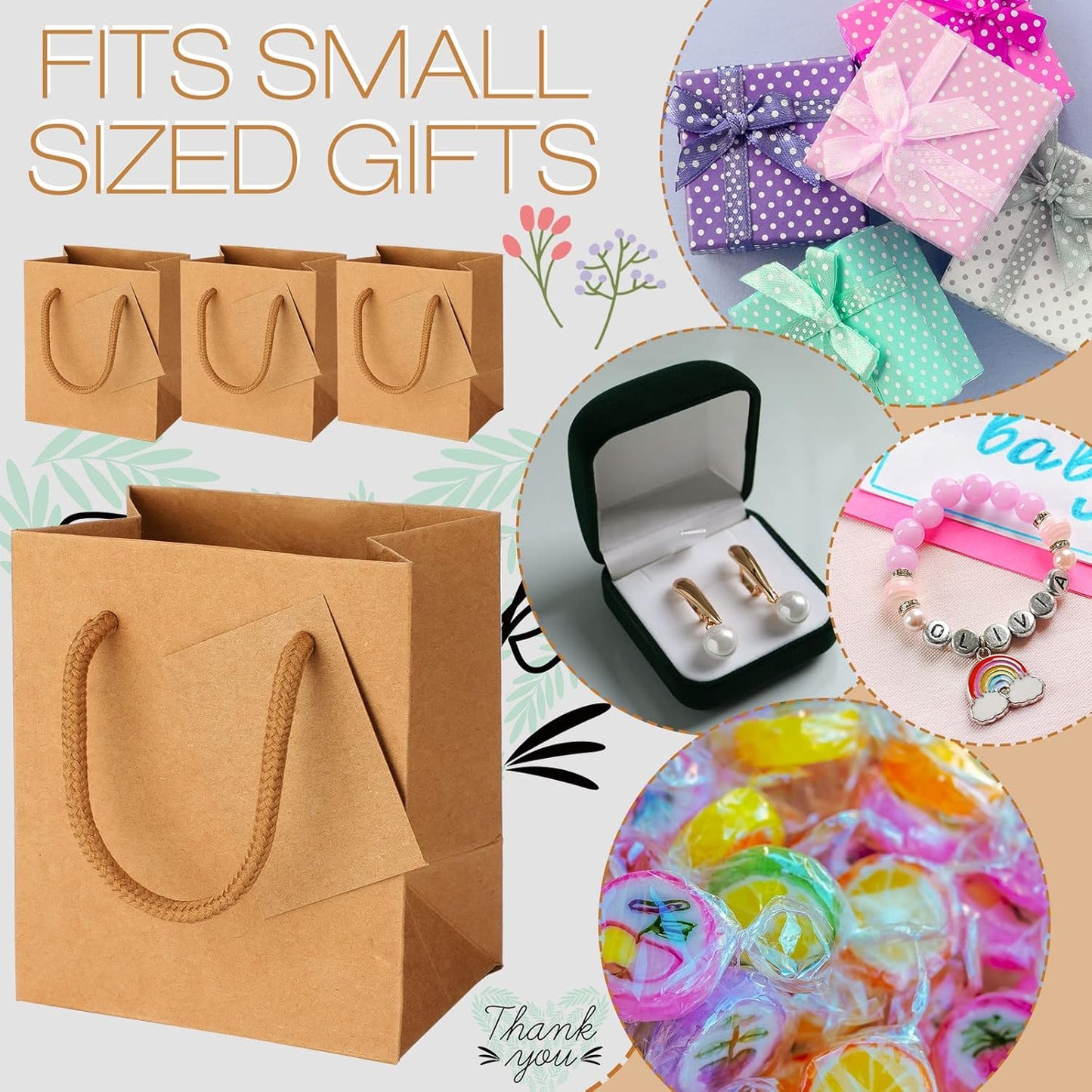 Sherr 100 Pack Mini Gift Bags Bulk, 4 x 2.75 x 4.5 Inches Paper Bags with Tags, Extra Small Paper Gift Boxes with Handles for Birthday, Party Favors, Weddings, Small Business(Brown)