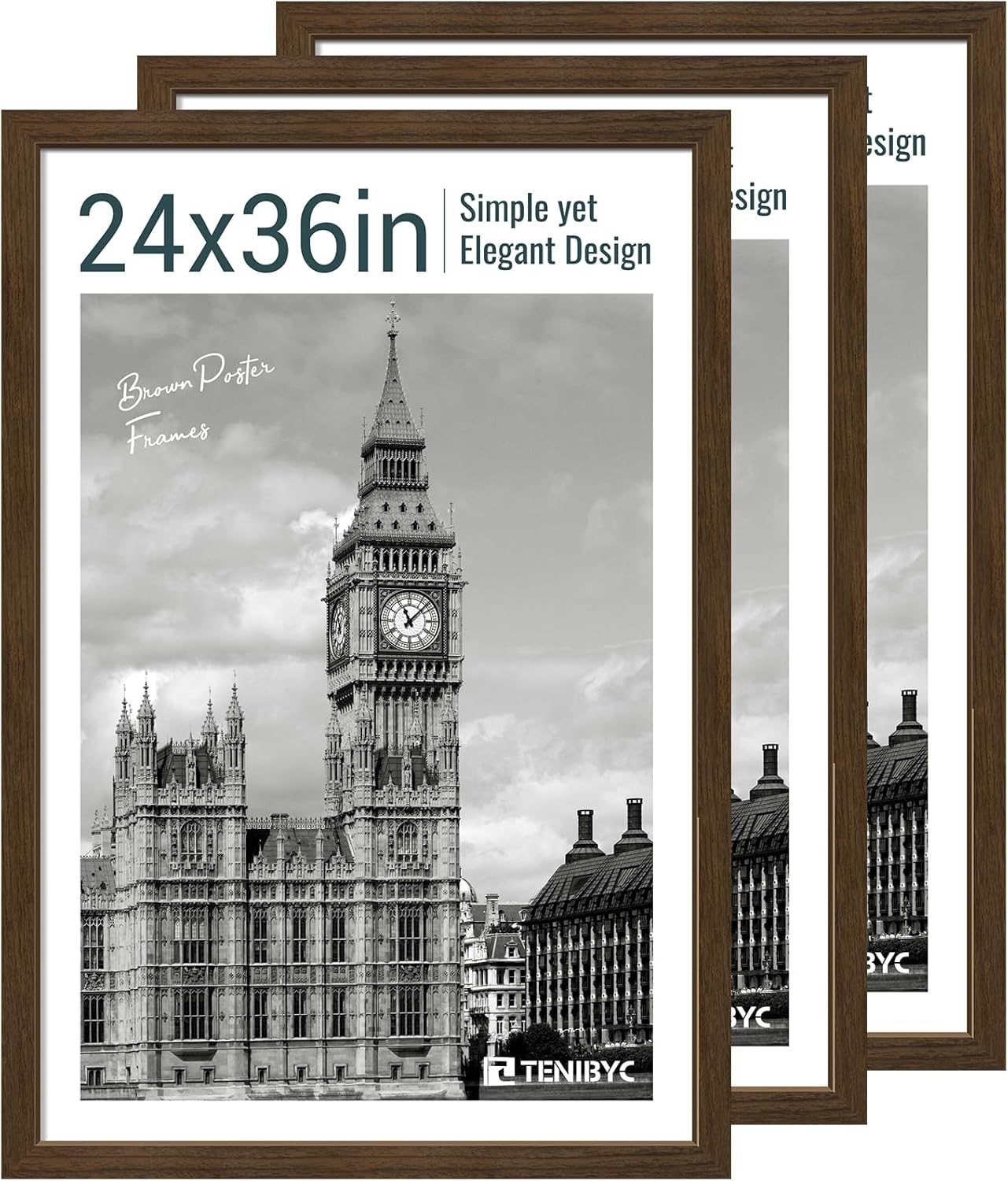 24x36 Poster Frame 3 Pack - Brown Woodgrain, Wood Picture Frame, Wall Gallery Frame - Wall Hanging