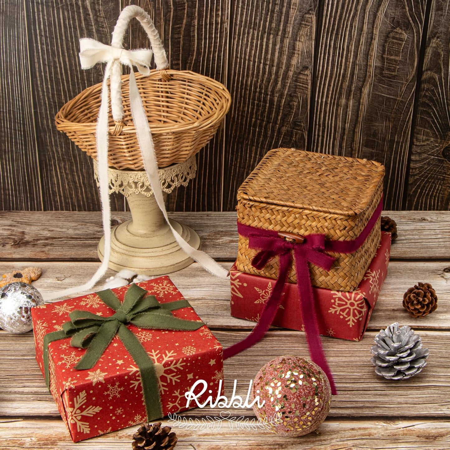 Ribbli 3 Rolls Christmas Ribbon 5/8 Inch x 18 Yards Ivory Burgundy Moss Handmade Cotton Frayed Fringe Ribbons for Gift Wrapping Wedding Invites Bridal Bouquets DIY Crafts Christmas Home Decor