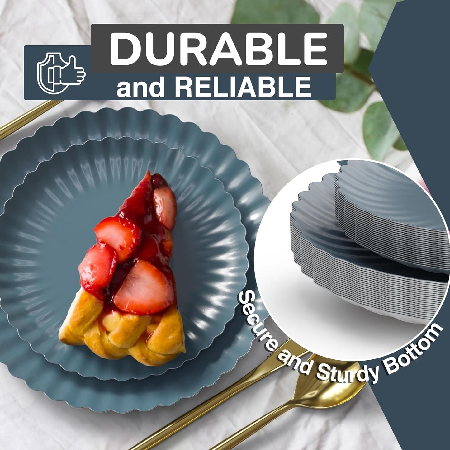 Trendables Scalloped Paper Plates 8.5 Inch & 10.5 Inch 40 Pcs Dinner Plate Set Fancy Disposable Plates for Party for 20 Guests 20 X 8 & 20 X 10 Large & Small Paper Plate Set for Parties Slate Blue