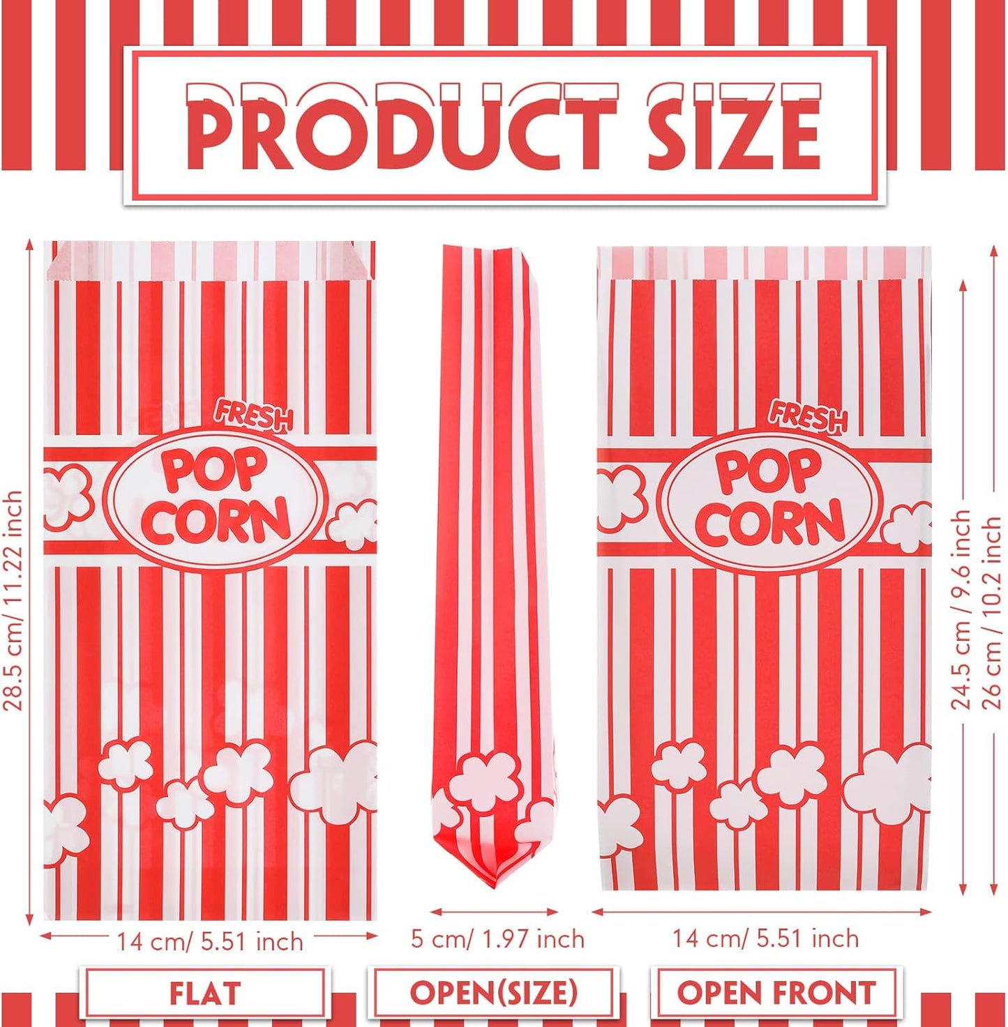 300 Pcs Popcorn Bags Paper Grease Resistant Popcorn Bags Disposable Red and White Striped Popcorn Container for Family Movie Night Movie Party Carnival Theater Popcorn Machine (2 oz)