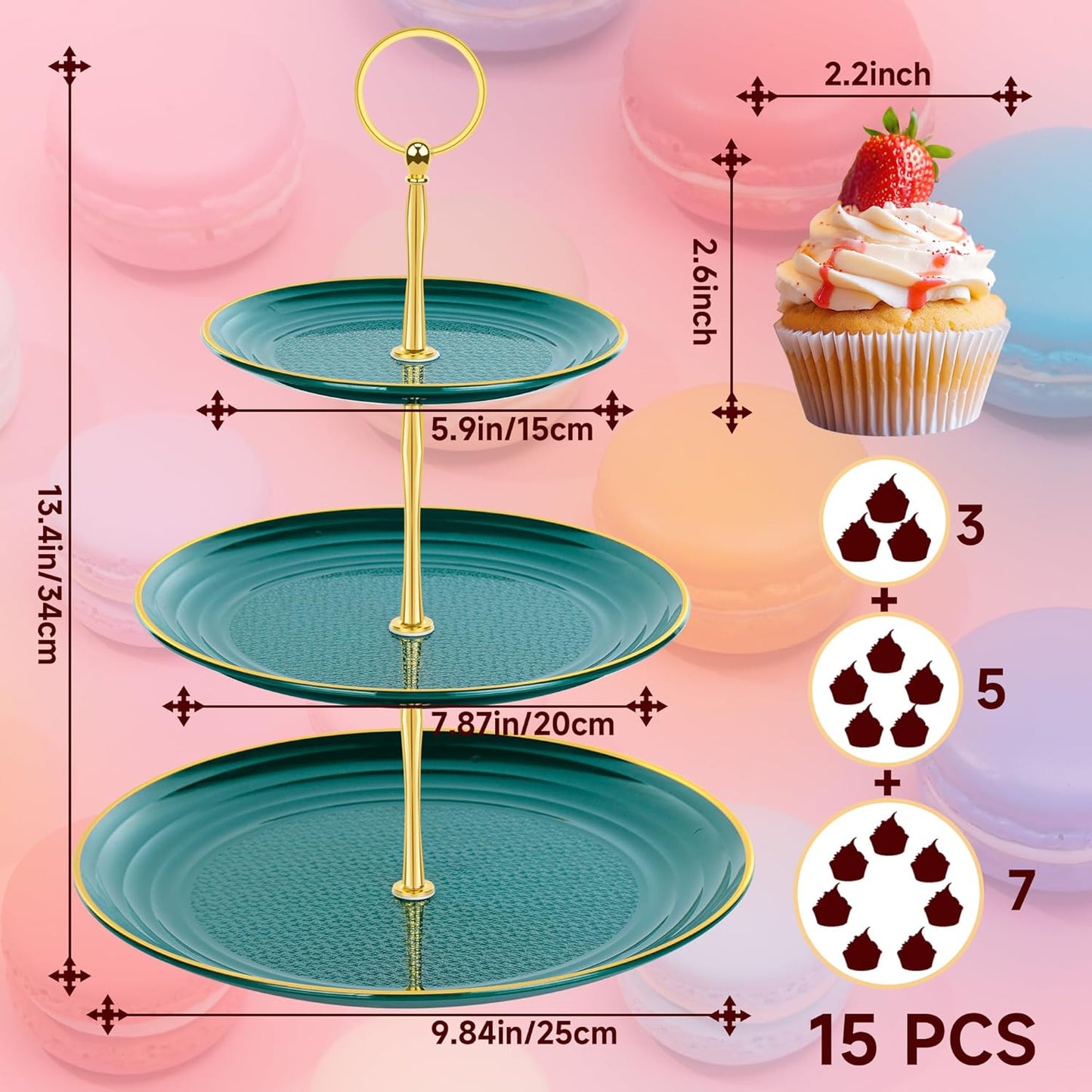PinCute Cupcake Stand Holder - 3 Tier Cup Cake Dessert Stands, Plastic Tiered Serving Tray&Metal Rod for Birthday Party, Wedding, Tea Party, Baby Shower-Green