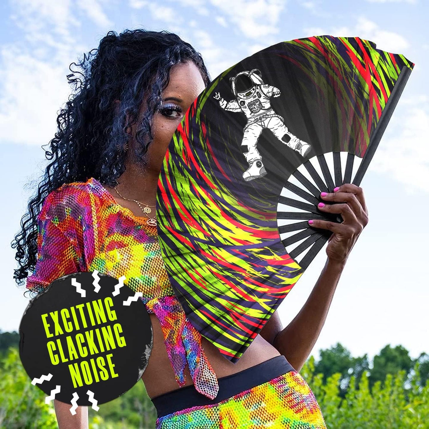 GloFX Rave Fan - Spaced Out Astronaut - Large Folding Fan - Music Festival Essential, EDM Rave Accessories, Folding Hand Fan, Clack Fan