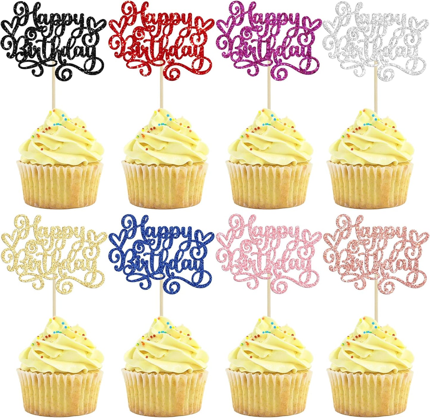 Gyufise 24Pcs Happy Birthday Cupcake Toppers Glitter Happy Birthday Cupcake Picks for Celebrating Happy Birthday Party Decor Anniversary Theme Party Cake Decorations Supplies Multicolor