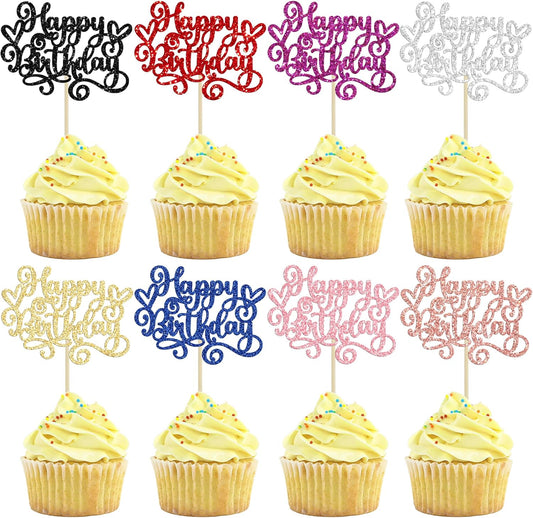 Gyufise 24Pcs Happy Birthday Cupcake Toppers Glitter Happy Birthday Cupcake Picks for Celebrating Happy Birthday Party Decor Anniversary Theme Party Cake Decorations Supplies Multicolor