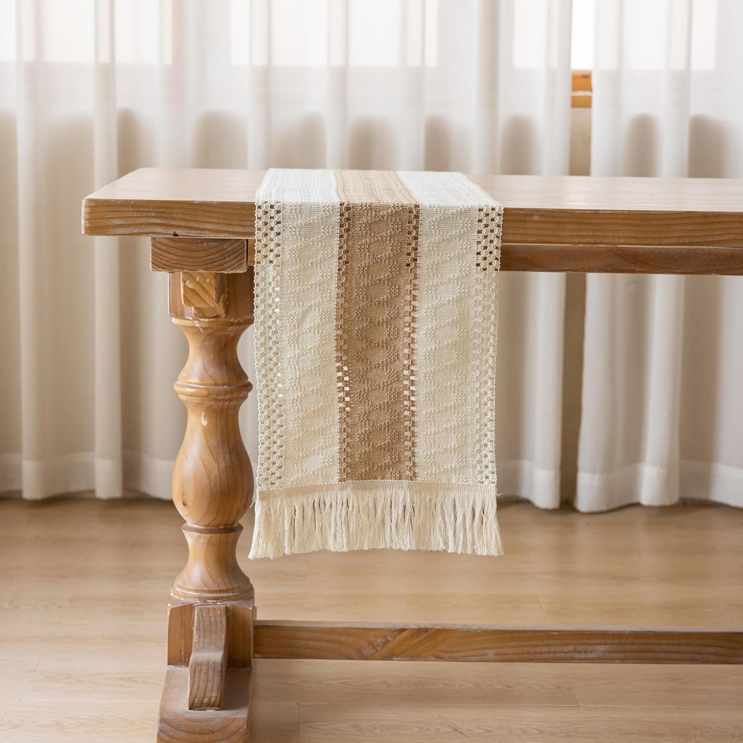 Boho Table Runner Cream Beige Brown for Home Decor 12x48 Inches Farmhouse Macrame Burlap Jute Rustic Dining Kitchen Centerpiece Bohemian Decor French Country Bridal Shower Decorations