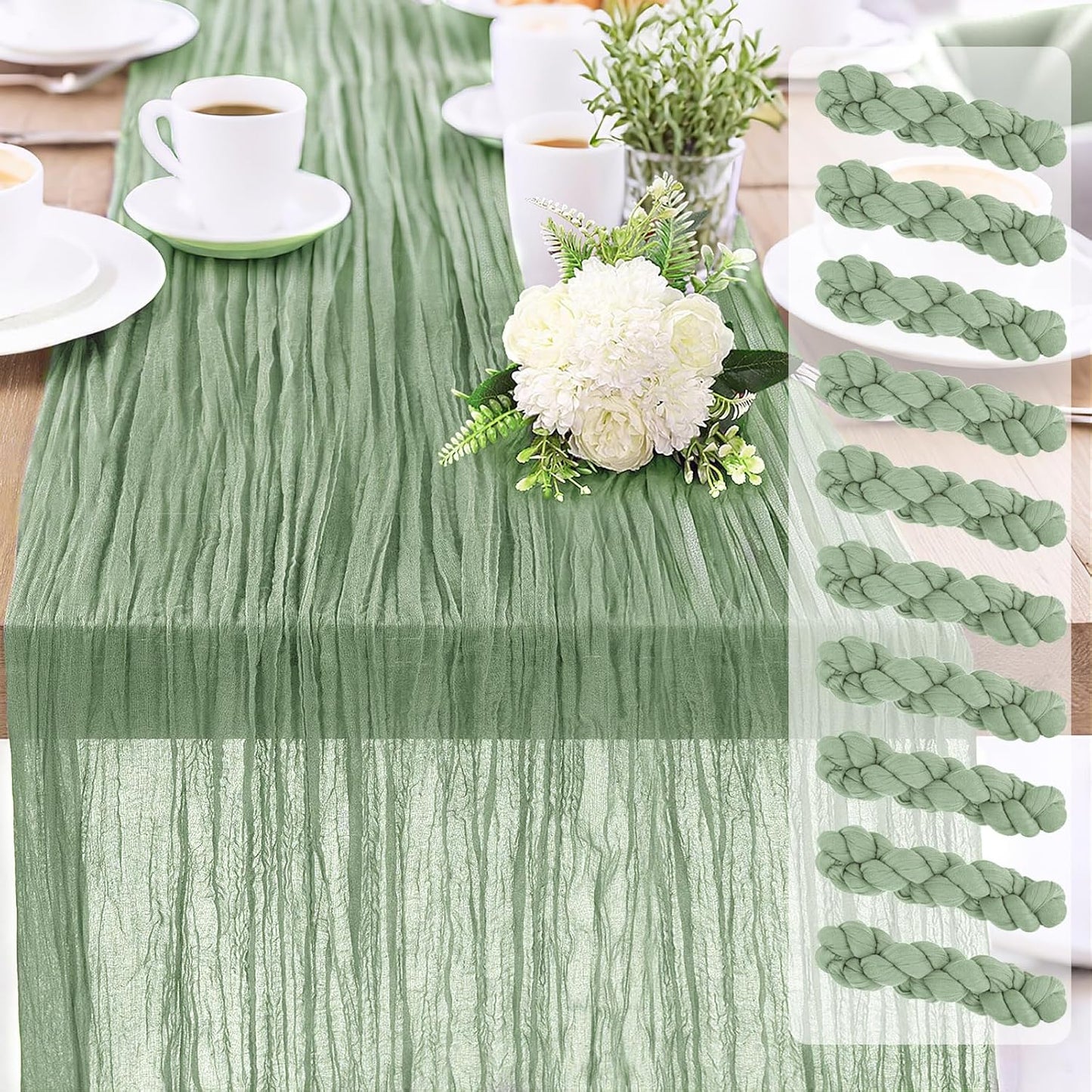 10-Pack Sage Green Cheesecloth Table Runners – 10FT (35x120 Inch) Boho Rustic Gauze Fabric Cheese Cloth Table Runner for Weddings, Baby Showers, Bridal Shower, Farmhouse & Birthday Party Decor