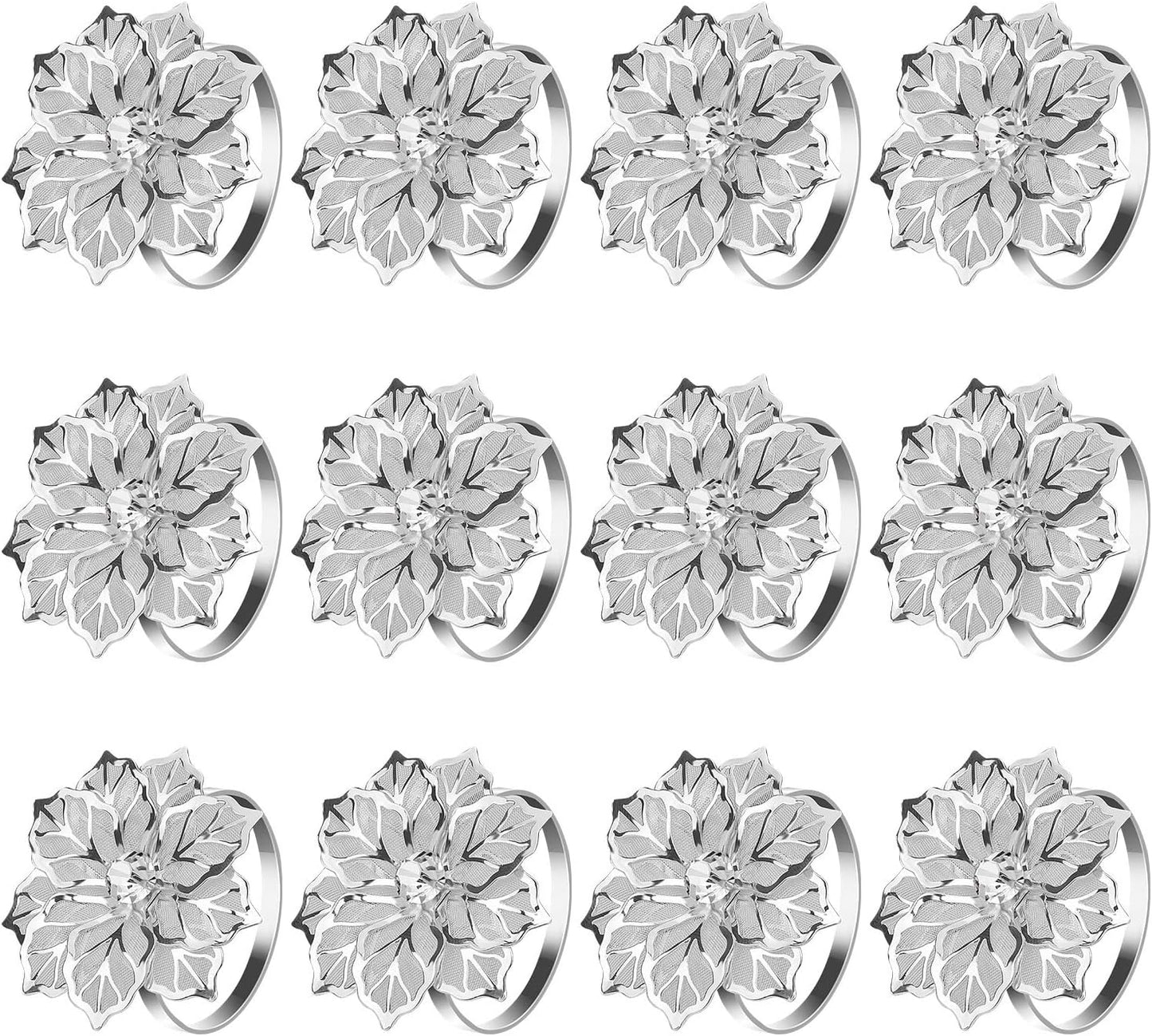 KPOSIYA Hollow Out Flower Napkin Ring Holder Metal Napkin Rings Set of 20 for Wedding Party Holiday Banquet Christmas Dinner Delicate Serviette Buckles Decor Favor (20, Flower-Silver)