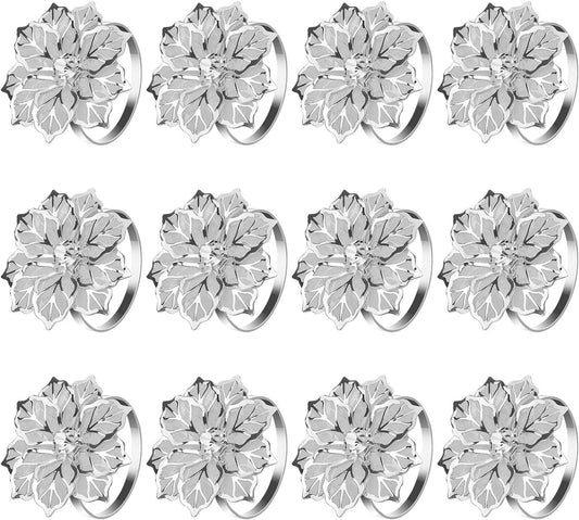 KPOSIYA Hollow Out Flower Napkin Ring Holder Metal Napkin Rings Set of 20 for Wedding Party Holiday Banquet Christmas Dinner Delicate Serviette Buckles Decor Favor (20, Flower-Silver)