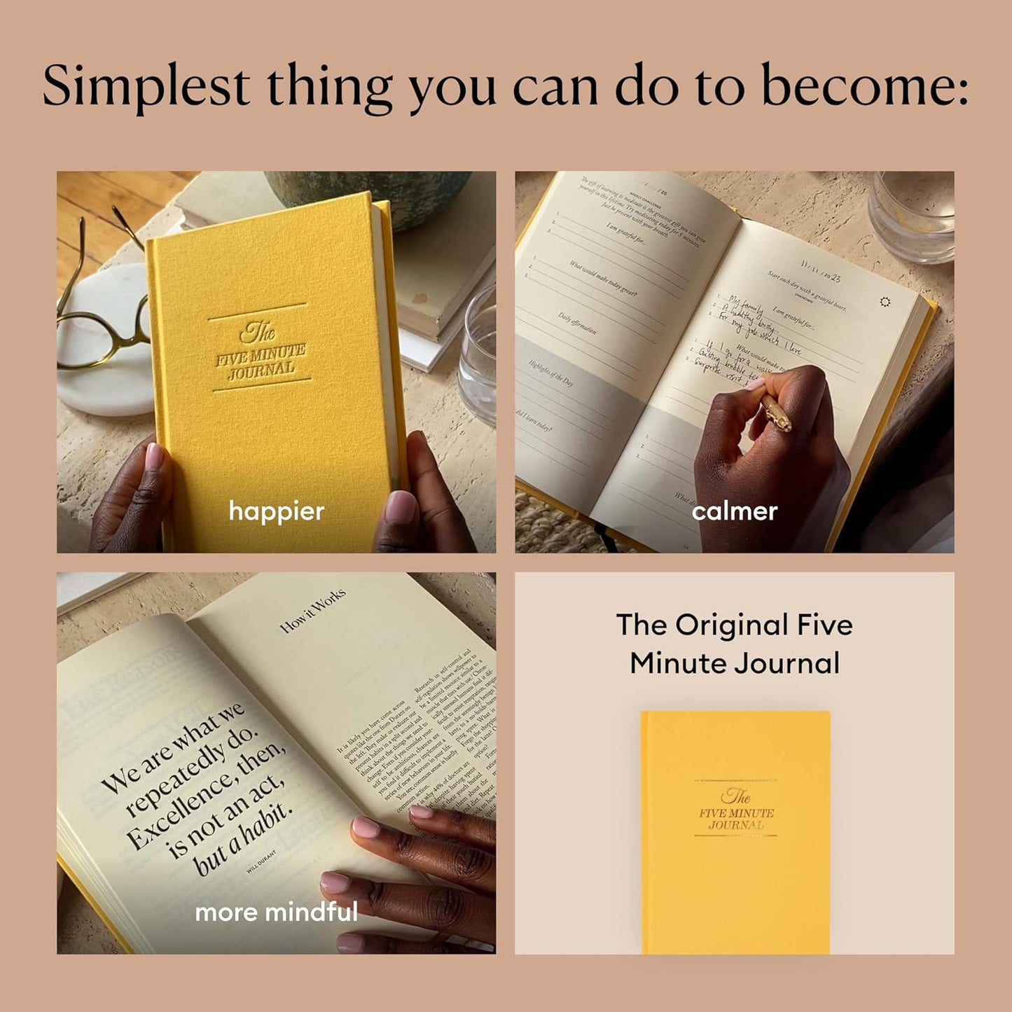 Intelligent Change The Five Minute Journal, Original Daily Gratitude Journal 2025, Manifestation Journal for Mindfulness, Undated Daily Journal with Gold Foiling, Plastic-Free, Yellow