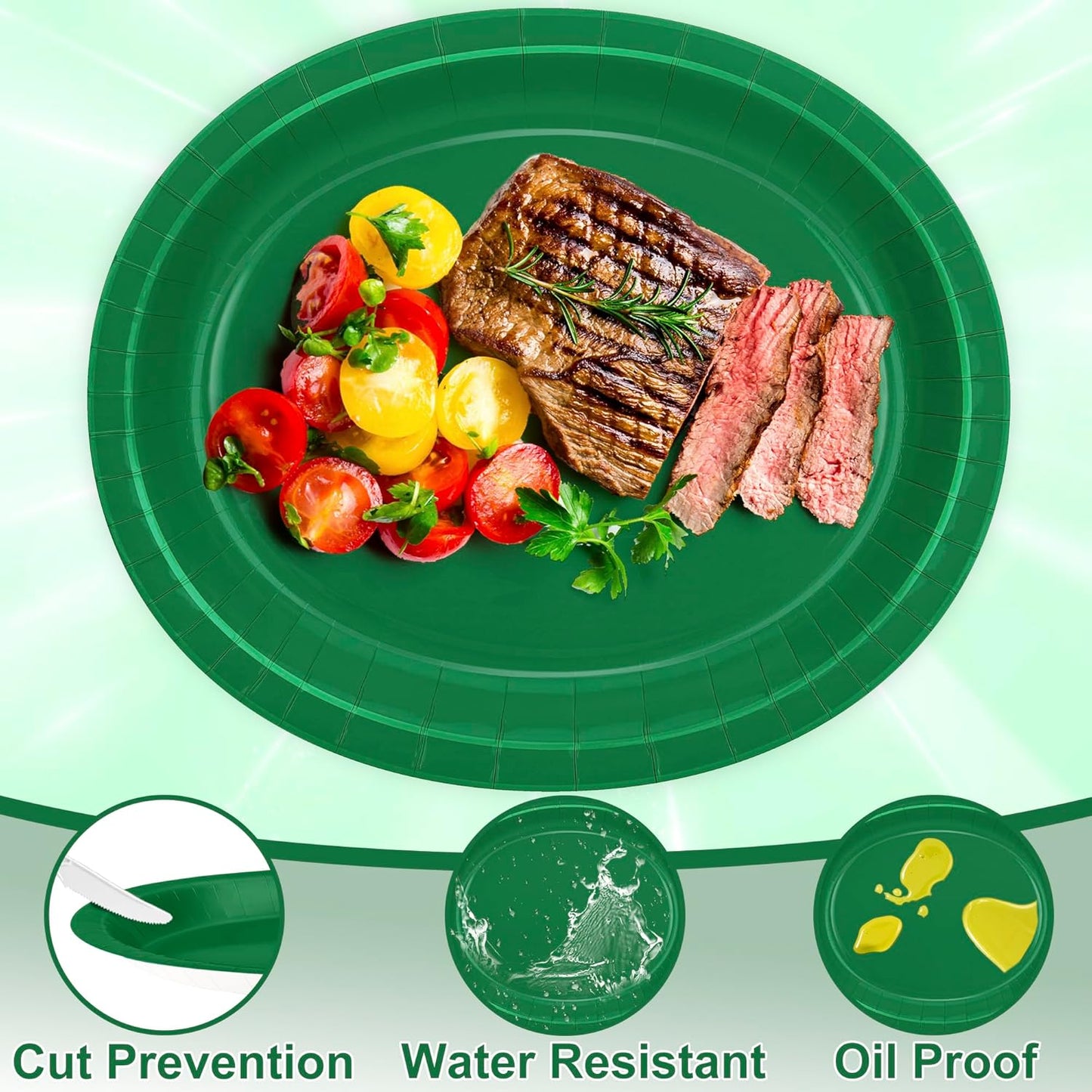 QZYL 50 Count Paper Plates, 12.2'' X 10.2'' Large Green Oval Plates, Daily Dinner Plates Disposable Paper Tray Bulk Party Supplies for Outdoor Picnic Birthday Party Barbecue Holiday
