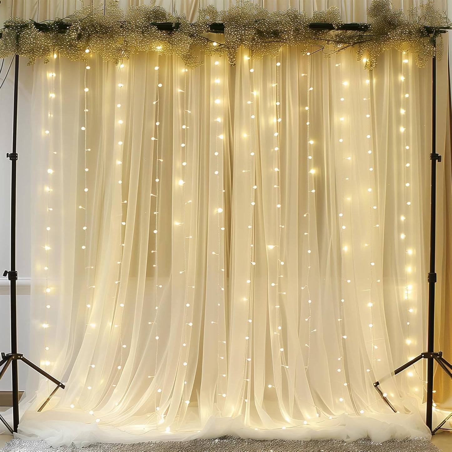 10ft x 10ft Beige Chiffon Backdrop Curtain with Lights String for Parites Wedding Wrinkle Free Curtain Photo Backdrops Drapes for Baby Shower Birthday Party Home Decorations