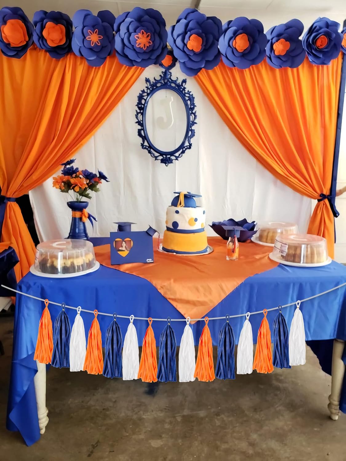 15PCS Navy Blue Orange White DIY Party Tassel Garland Paper Banner Streamer Backdrop for Graduation Astros Birthday Wedding Baby Shower Nursery Classroom Garland Tassel Hanging Decoration (Pack of 2)