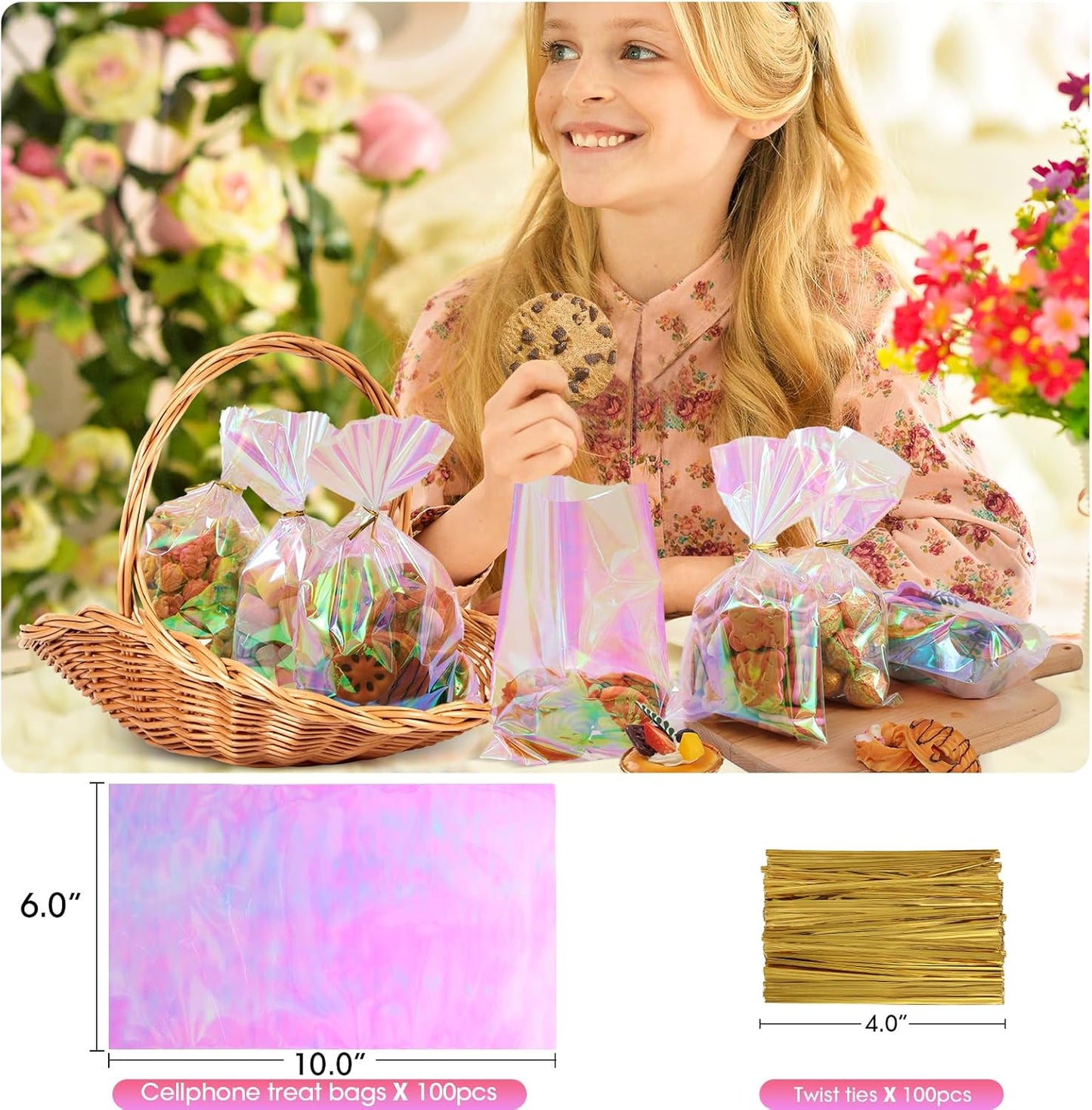 SUREHOME Cellophane Bags, 100 Pcs 6x10 Inches Clear Treat Bags with Ties Plastic Gift Bag Holographic Iridescent Pink Goodie Bag for Party Favors Wedding Candy Valentine Snack Popcorn Cookies Packing