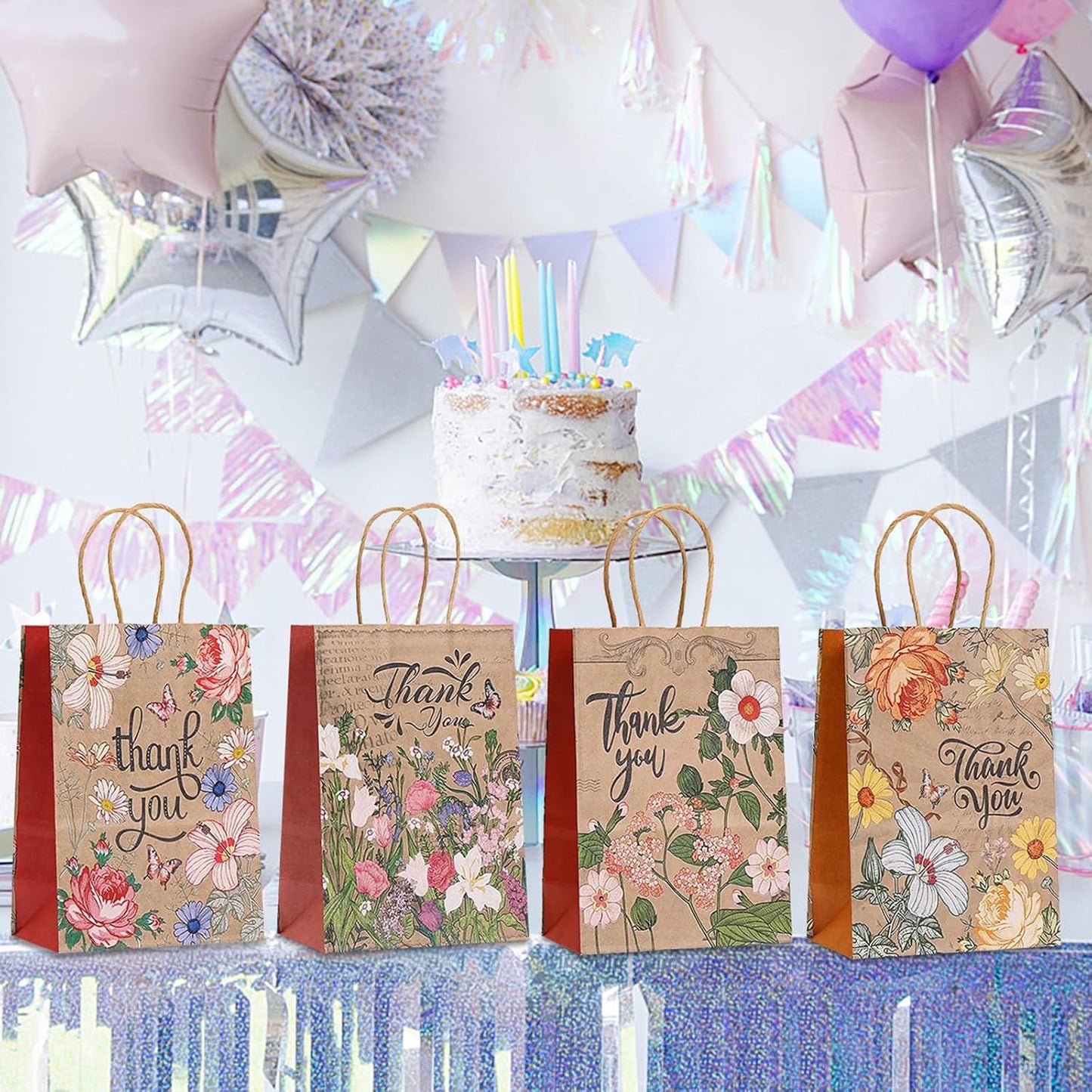 piqiya 24pcs Vintage Floral Gift Bags,Thank You Kraft Paper Bags with Handles for Friend Teacher Mom,Colorful Flower Pattern Bag for Gifting,Birthday,Gratitude,Party Goody Treat Bag