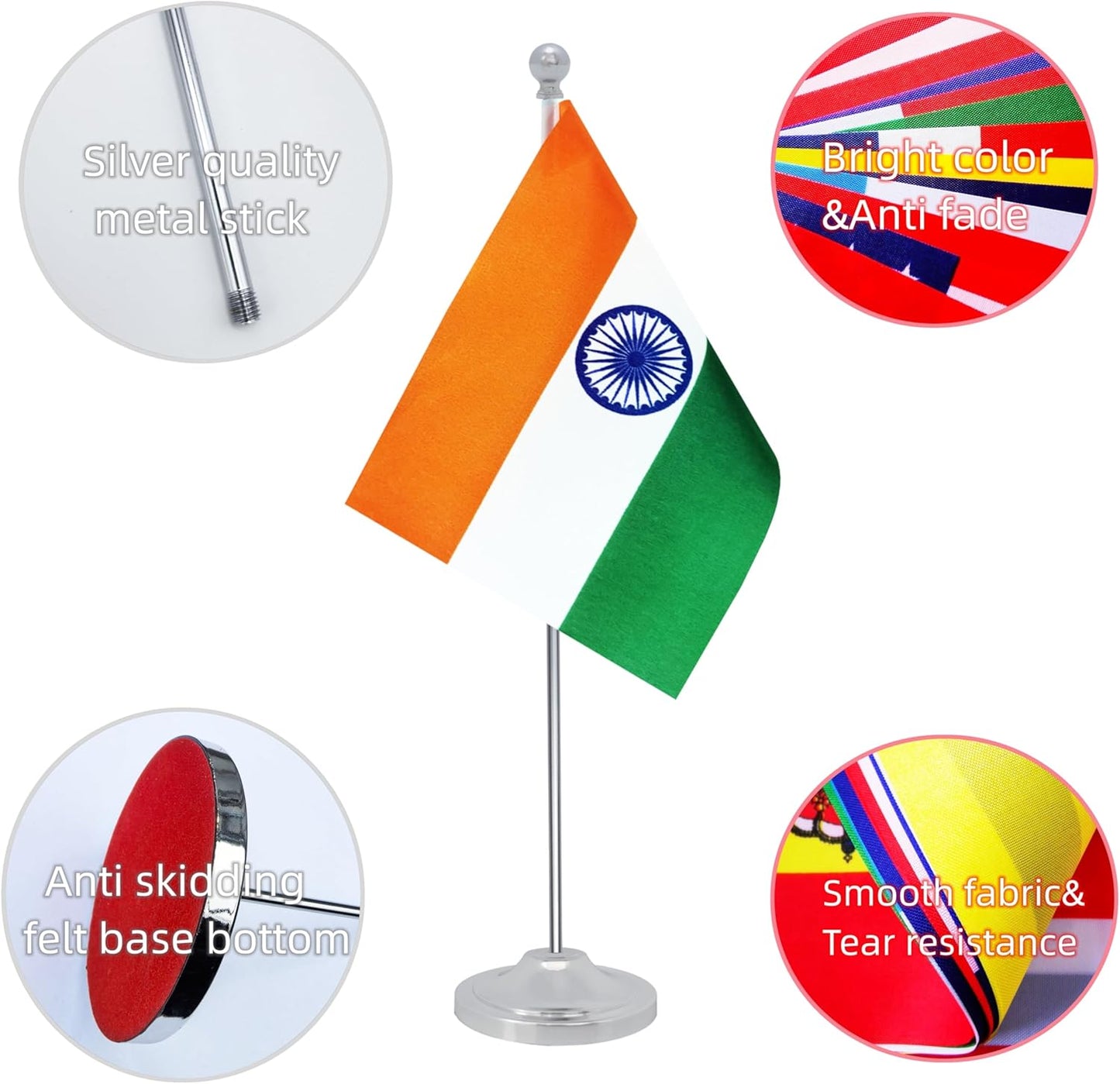 India Desk Flag, Indian Table Office Flag with Metal Pole and Stand Base, International Country Flags, Festival Event Celebration, Classroom Meeting Desktop Decor (India)