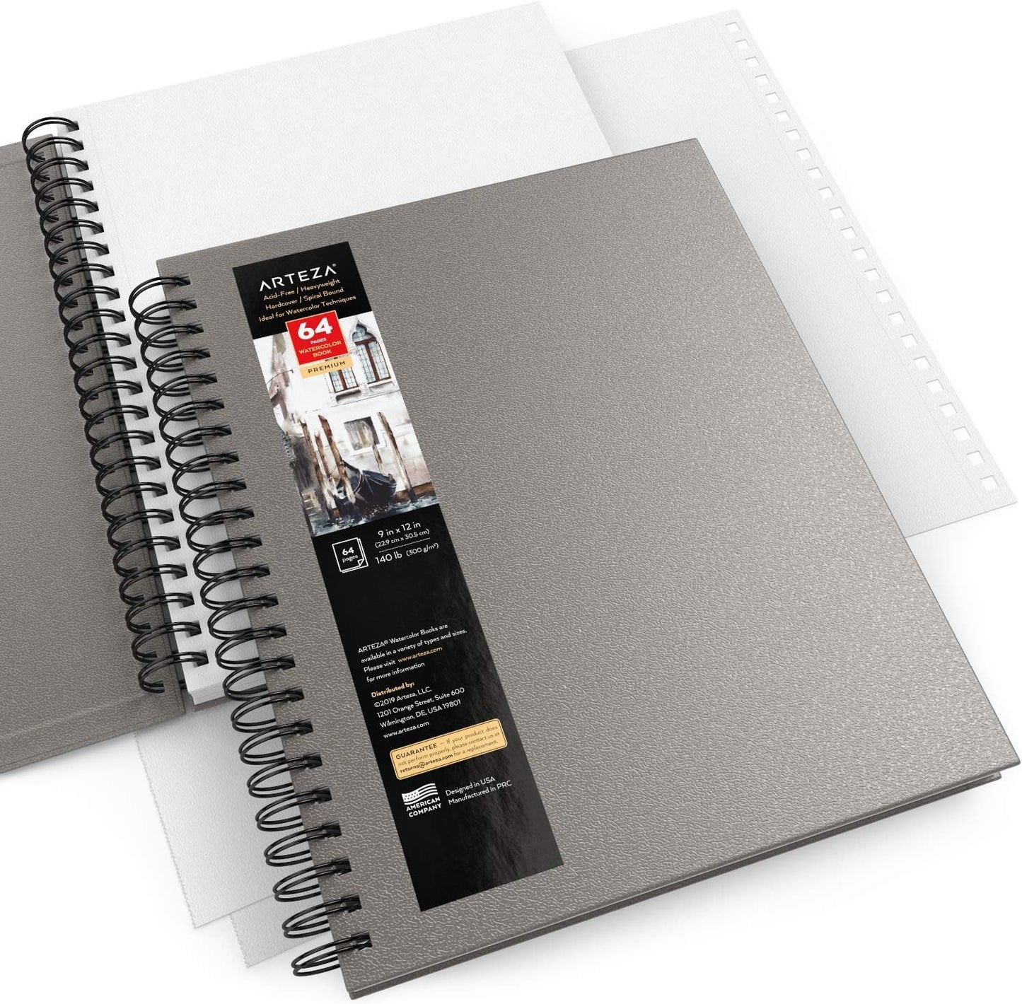ARTEZA Watercolor Sketchbook 2-Pack, 9x12 Inches – 64 Pages Each, Spiral-Bound 140 lb Cold Press Paper, Gray Hardcover Journal for Mixed Media