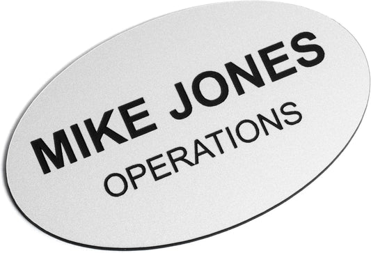 Custom Engraved Name Tag Badges – Personalized Identification with Pin or Magnetic Backing, 3.2 Inch Oval, Silver/Black
