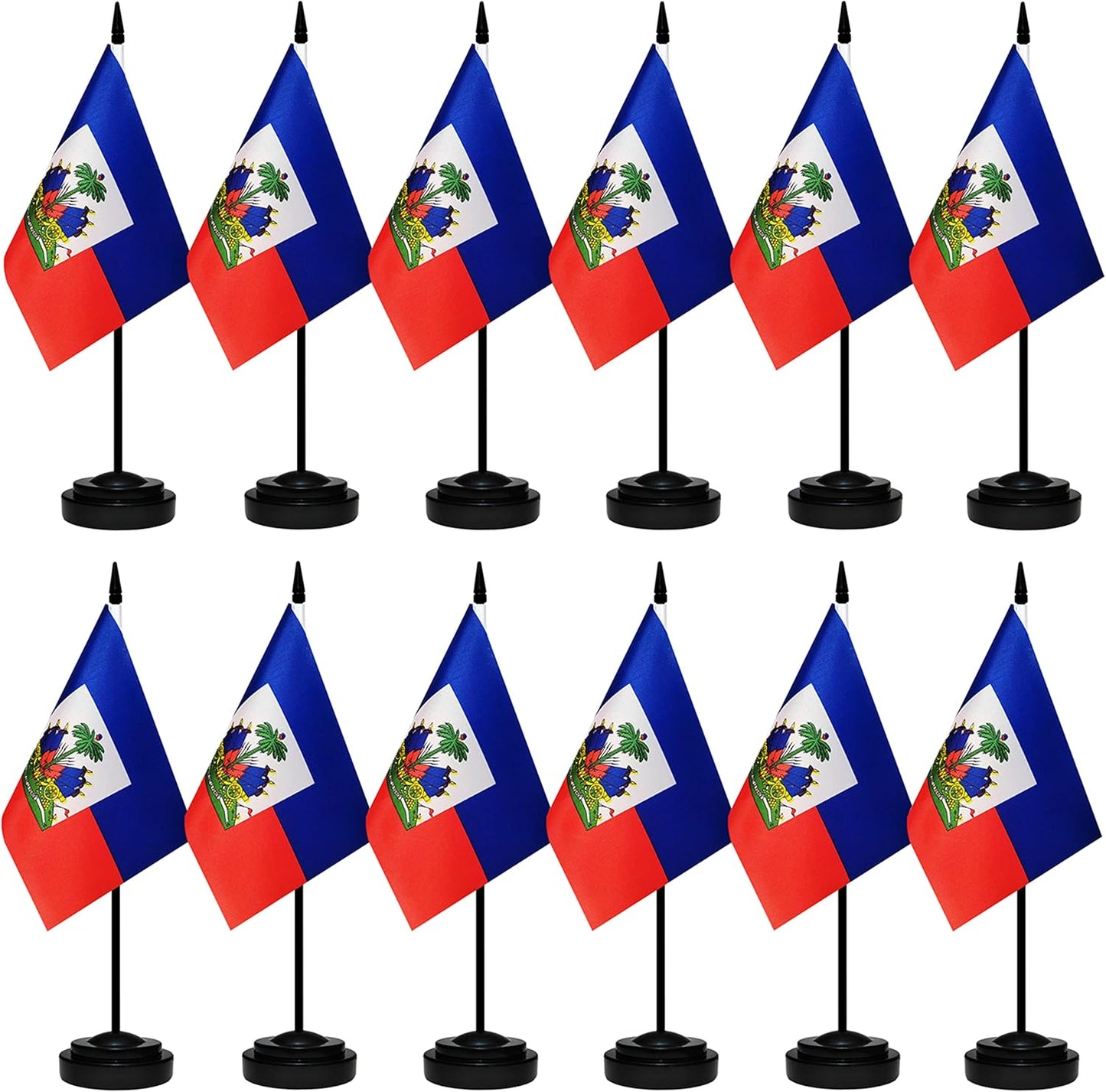 12 Pack Haiti Desk Flags Set, Haitian Small Mini Table Office Flags With 12" Solid Black Pole, Black Base and Spear Top, Miniature Desktop Flag, Home Decoration, Office Decoration, Festival