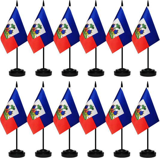12 Pack Haiti Desk Flags Set, Haitian Small Mini Table Office Flags With 12" Solid Black Pole, Black Base and Spear Top, Miniature Desktop Flag, Home Decoration, Office Decoration, Festival