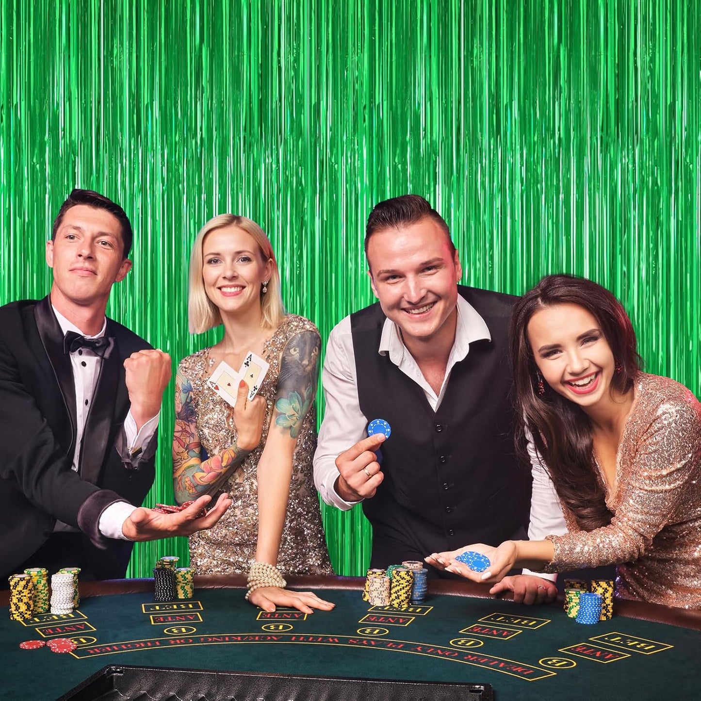 Green Foil Curtain Backdrop, 2Pack Green Metallic Tinsel Foil Fringe Curtains Photo Booth Props for Birthday Wedding Engagement Baby Shower Bachelorette Christmas Celebration Jungle Party Decorations