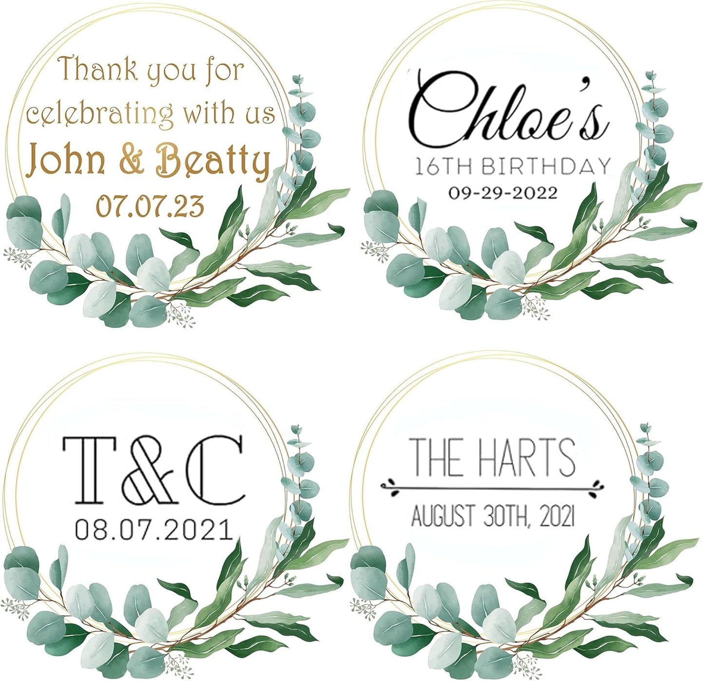 Custom Stickers for Weddings, Birthdays & Businesses - Personalized Labels with Your Logo - Waterproof, Fade and Heat Resistant - Pack of 100-1000 (Wreath B, 3.5 Inch)