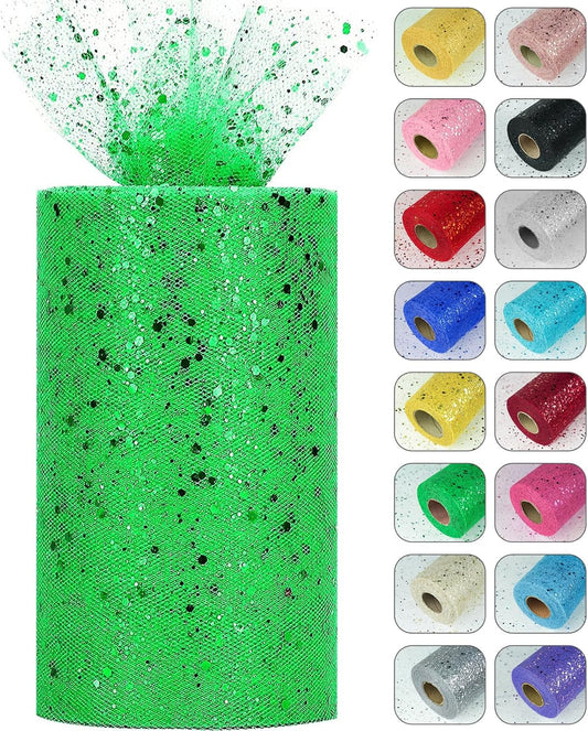 Glitter Tulle Rolls, 6” by 50 Yards (150FT) Sparkling Tulle Spool Ribbon Sequin Tulle Netting Fabric for Tutu Skirt Wedding Birthday Baby Shower (Green)