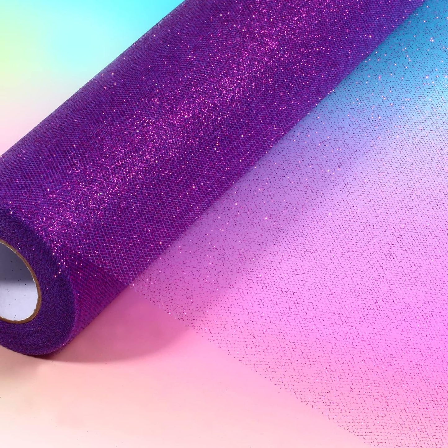 Sparkling Tulle Rolls, 15” by 30 Yards (90FT) Glitter Tulle Spool Ribbon Fabric for Wedding Birthday Bridal Shower Tutu Skirt Party Gift Wrapping(Purple)